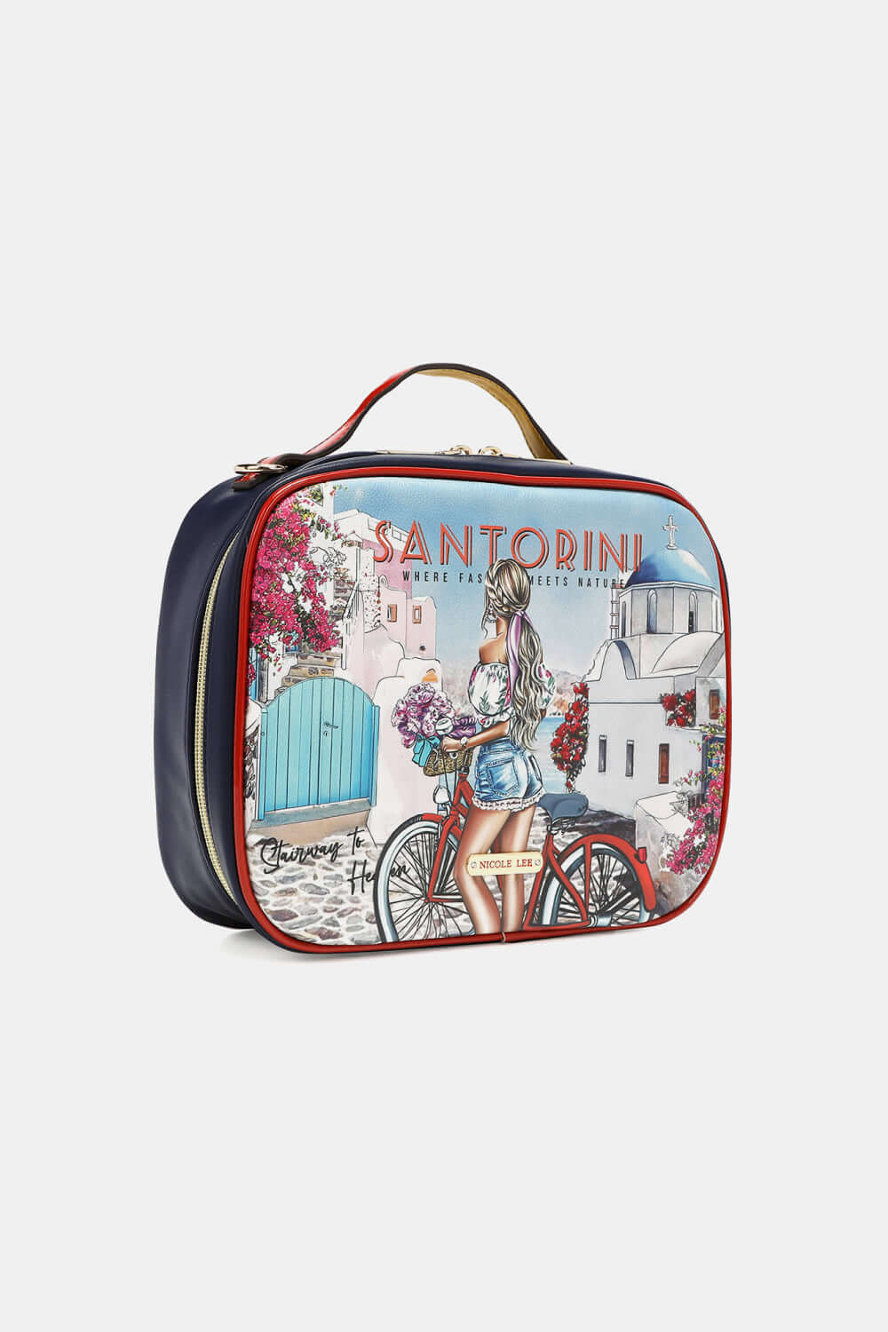 Nicole Lee USA printed handbag featuring Santorini design with a woman on a bicycle, made from glossy patent leather.