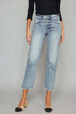 High Waist Button Fly Raw Hem Cropped Straight Jeans with a stylish vintage-inspired look and flattering high waist design