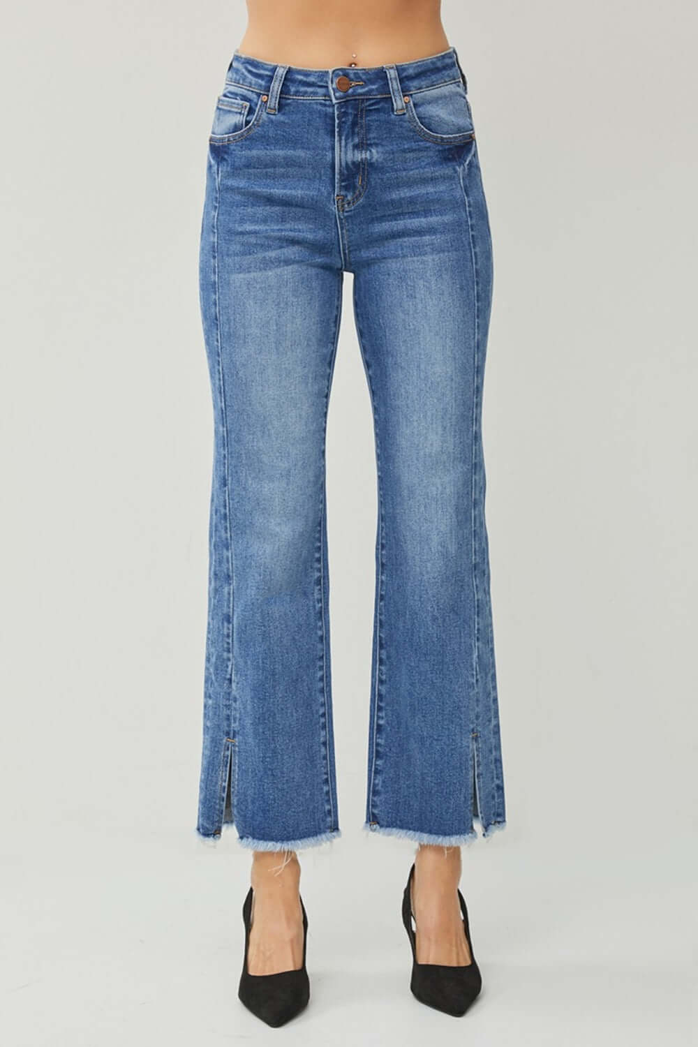 High Waist Raw Hem Slit Straight Jeans by Risen Jeans, showcasing a trendy and flattering fit with edgy slit and raw hem details.