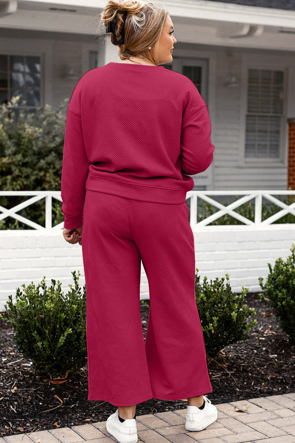 DOUBLE TAKE Full Size Textured Long Sleeve Top and Drawstring Pants Set at Bella Road