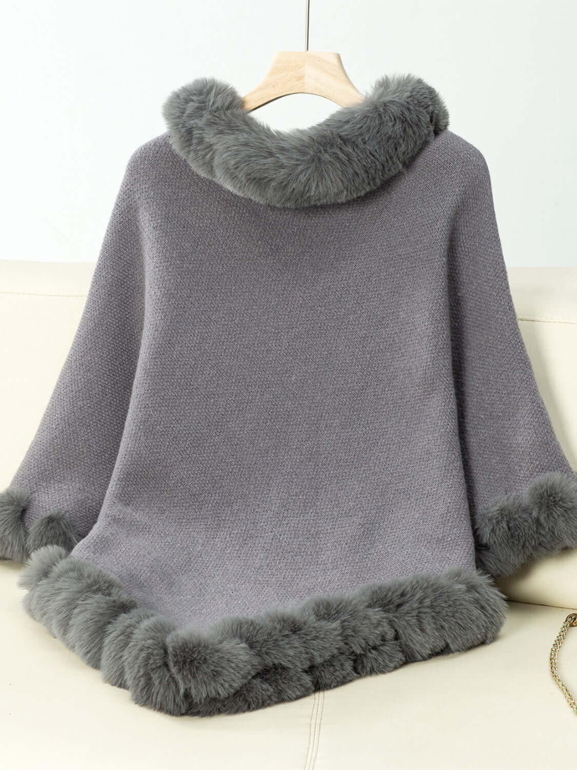 Cozy Bella Road fuzzy trim poncho in gray, featuring stylish three-quarter sleeves and soft plush trim, perfect for chilly days.