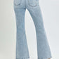 Rear view of model wearing RISEN Full Size High Rise Ankle Flare Jeans in light wash, showcasing trendy flared hem and high-waisted fit.