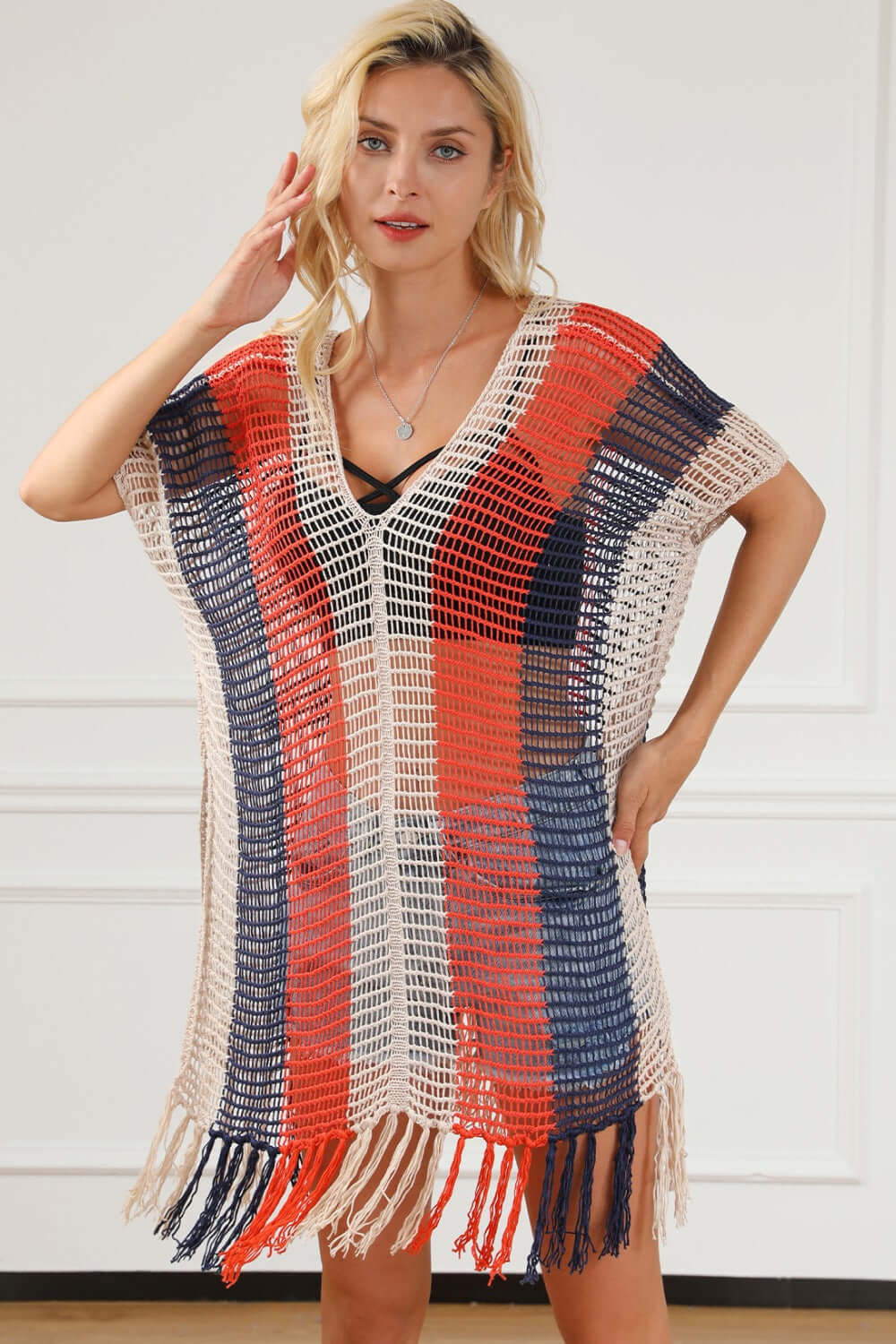 BELLA ROAD Tassel Color Block V-Neck Cover Up at Bella Road