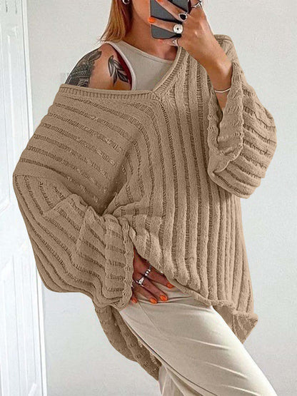 Stylish tan Bella Road V-Neck Long Sleeve Sweater in cozy acrylic, perfect for fall outfits with a slightly distressed design.