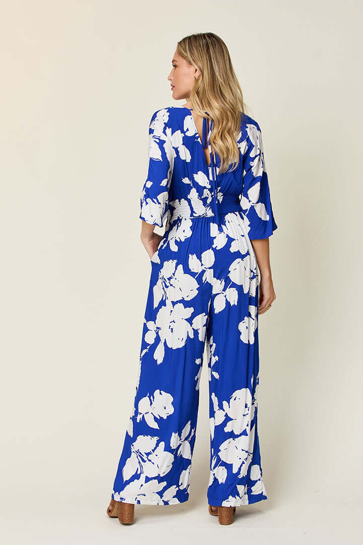 DOUBLE TAKE Full Size Printed Tie Back Wide Leg Jumpsuit at Bella Road