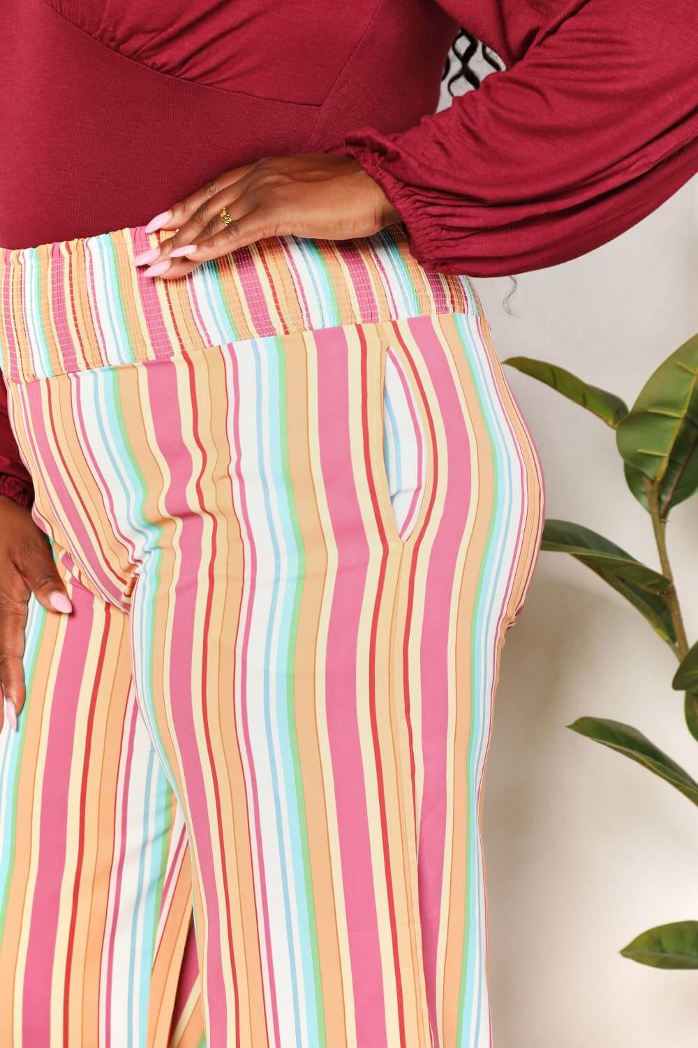 DOUBLE TAKE Striped Smocked Waist Pants with Pockets at Bella Road