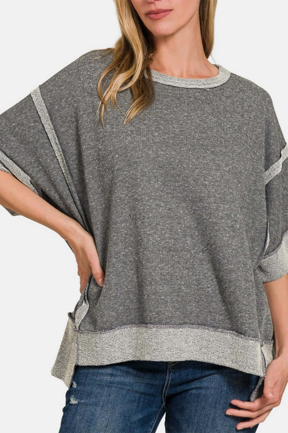 ZENANA Contrast Trim Drop Shoulder T-Shirt at Bella Road