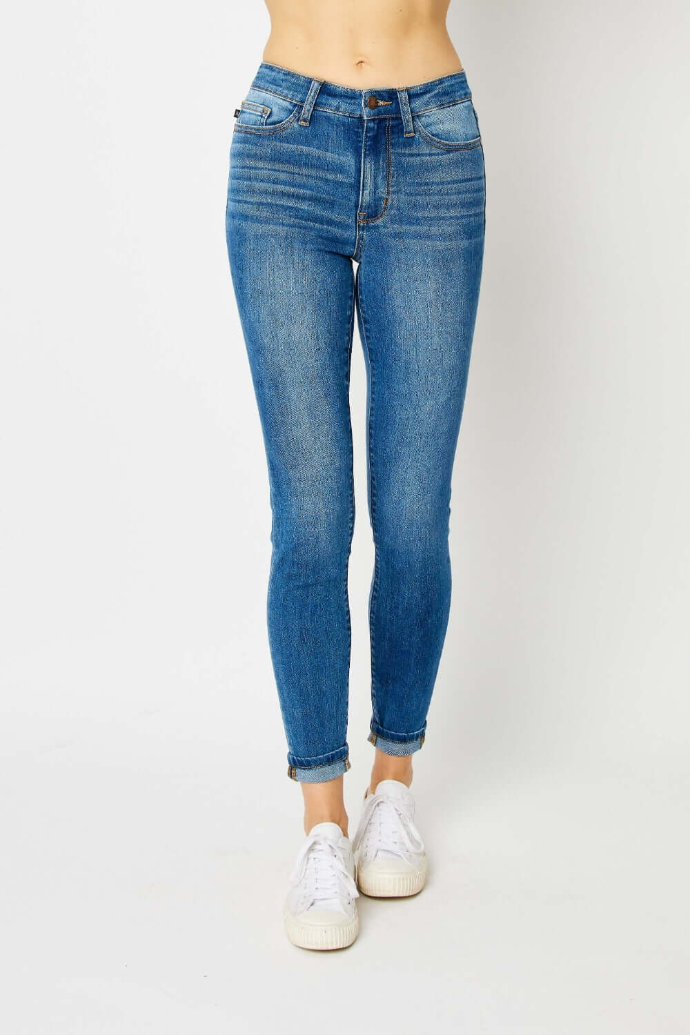 Cuffed Hem Low Waist Skinny Jeans by Judy Blue, Full Size - trendy slim fit denim with cuffed hem detail for a modern and flattering look