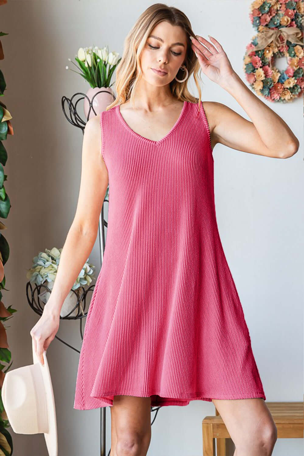 HEIMISH Full Size V-Neck Ribbed Mini Tank Dress at Bella Road