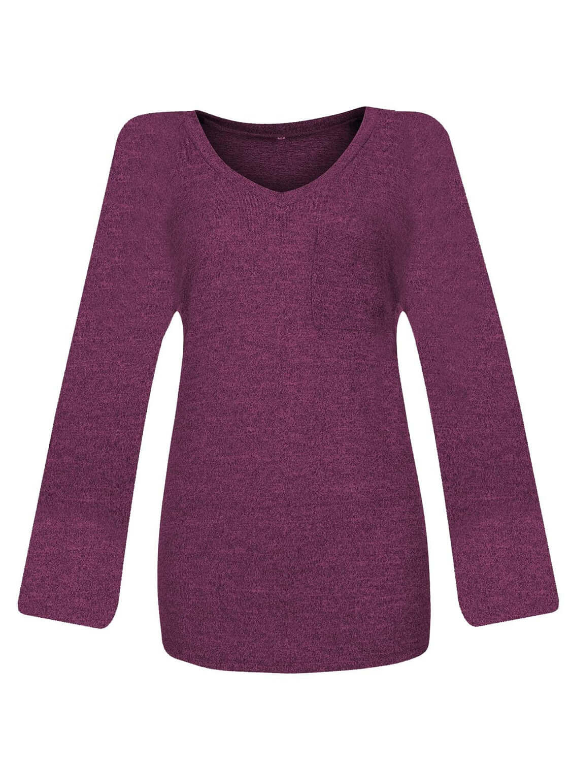 Bella Road round neck long sleeve t-shirt with pocket in deep purple, opaque and slightly stretchy, made of rayon, polyester, and spandex.