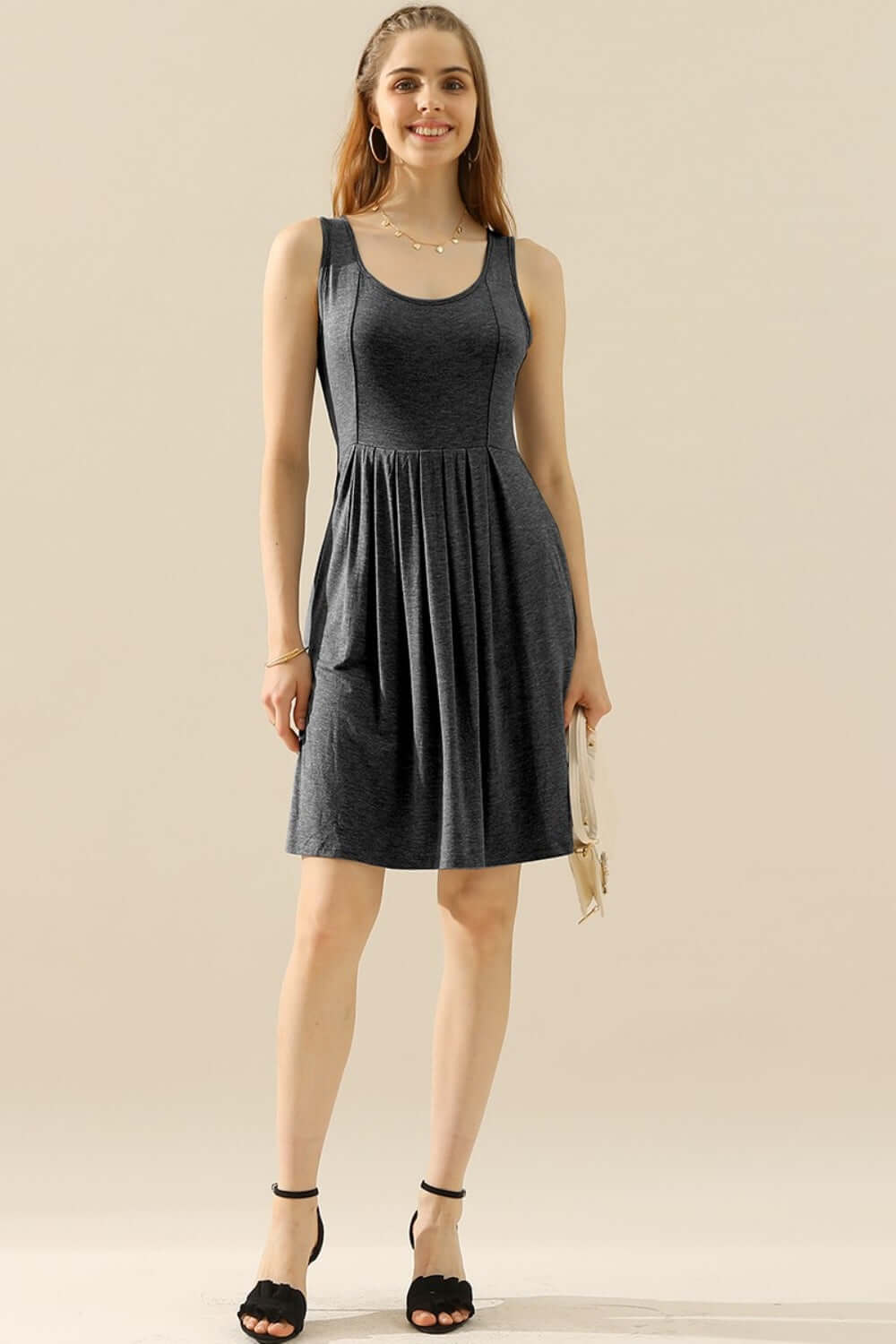 DOUBLJU Full Size Round Neck Ruched Sleeveless Dress with Pockets at Bella Road