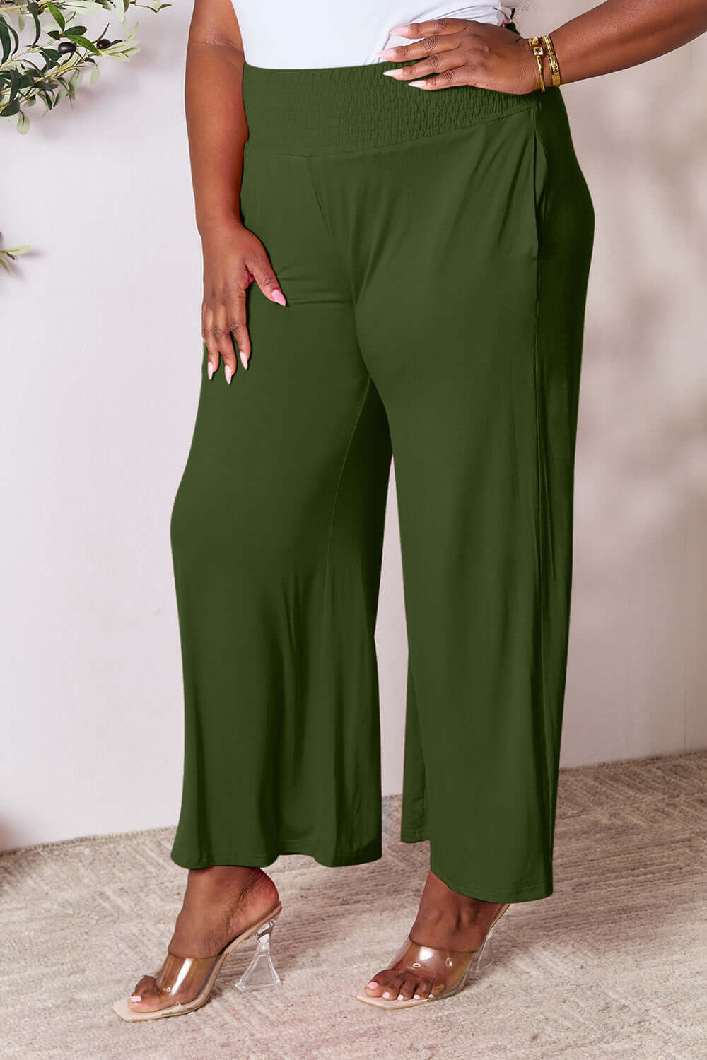 DOUBLE TAKE Full Size Smocked Wide Waistband Wide Leg Pants at Bella Road