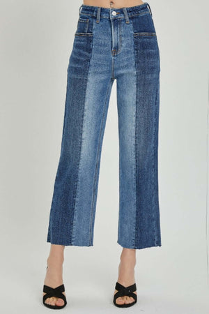 Mid-Rise Waist Two-Tones Risen Jeans with Pockets | Full Size - Front View Showcasing Stylish Denim