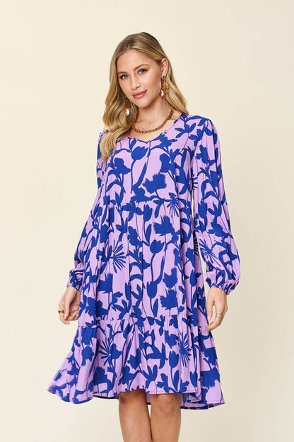 DOUBLE TAKE Full Size Printed Ruffle Hem Long Sleeve Dress at Bella Road