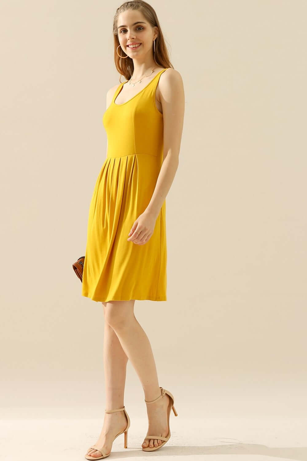 DOUBLJU Full Size Round Neck Ruched Sleeveless Dress with Pockets at Bella Road