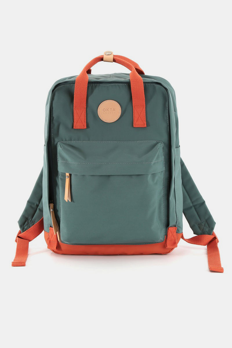 Green waterproof backpack with orange straps and side pockets for easy access, ideal for stylish and organized travel adventures.