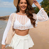 Openwork Boat Neck Long Sleeve Cover-Up - White