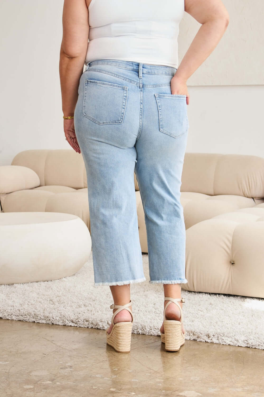 Tummy Control High Waist Raw Hem Distressed Jeans | Full Size