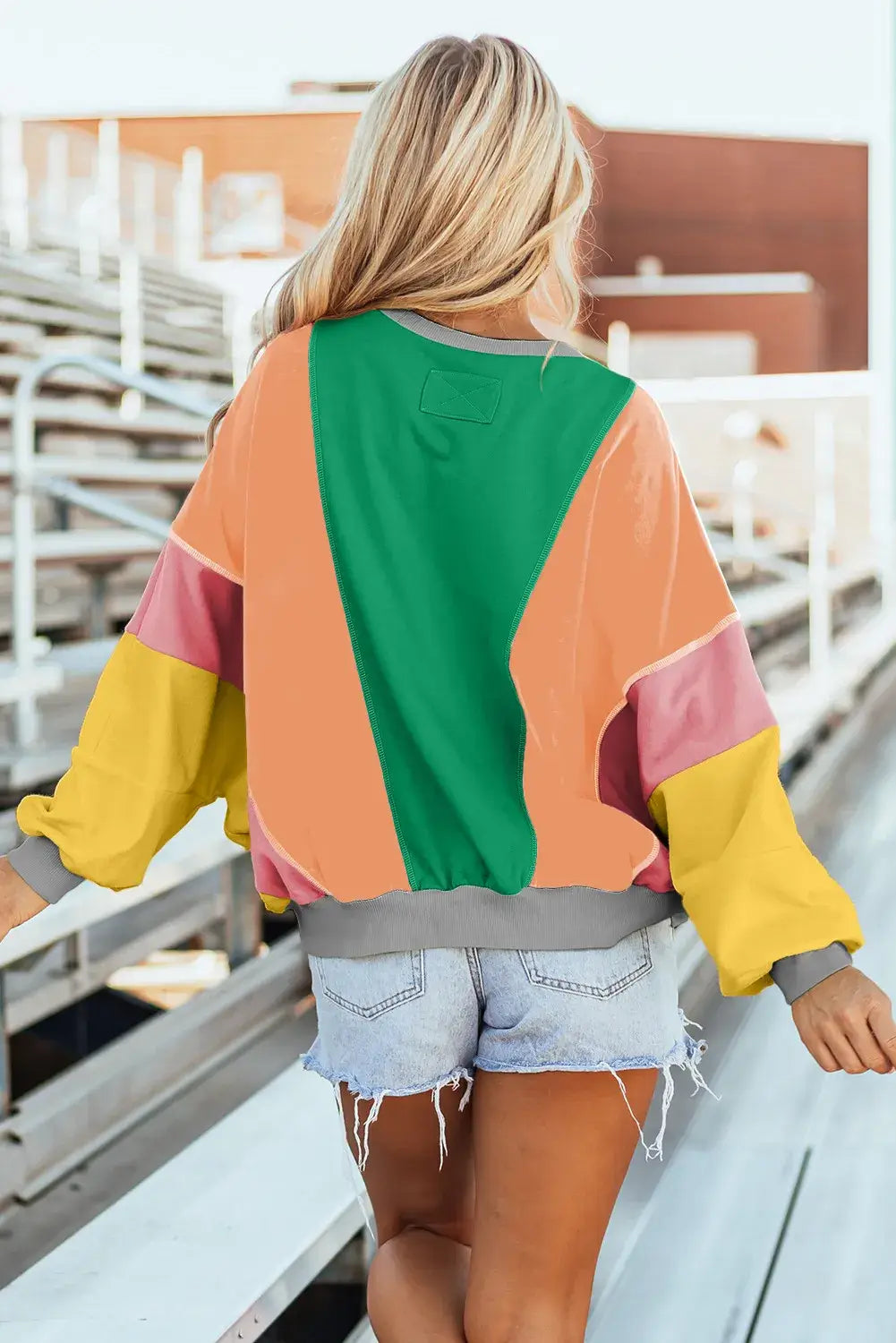 Woman wearing Bella Road Color Block Round Neck Long Sleeve Top and denim shorts from behind, showcasing the vibrant design