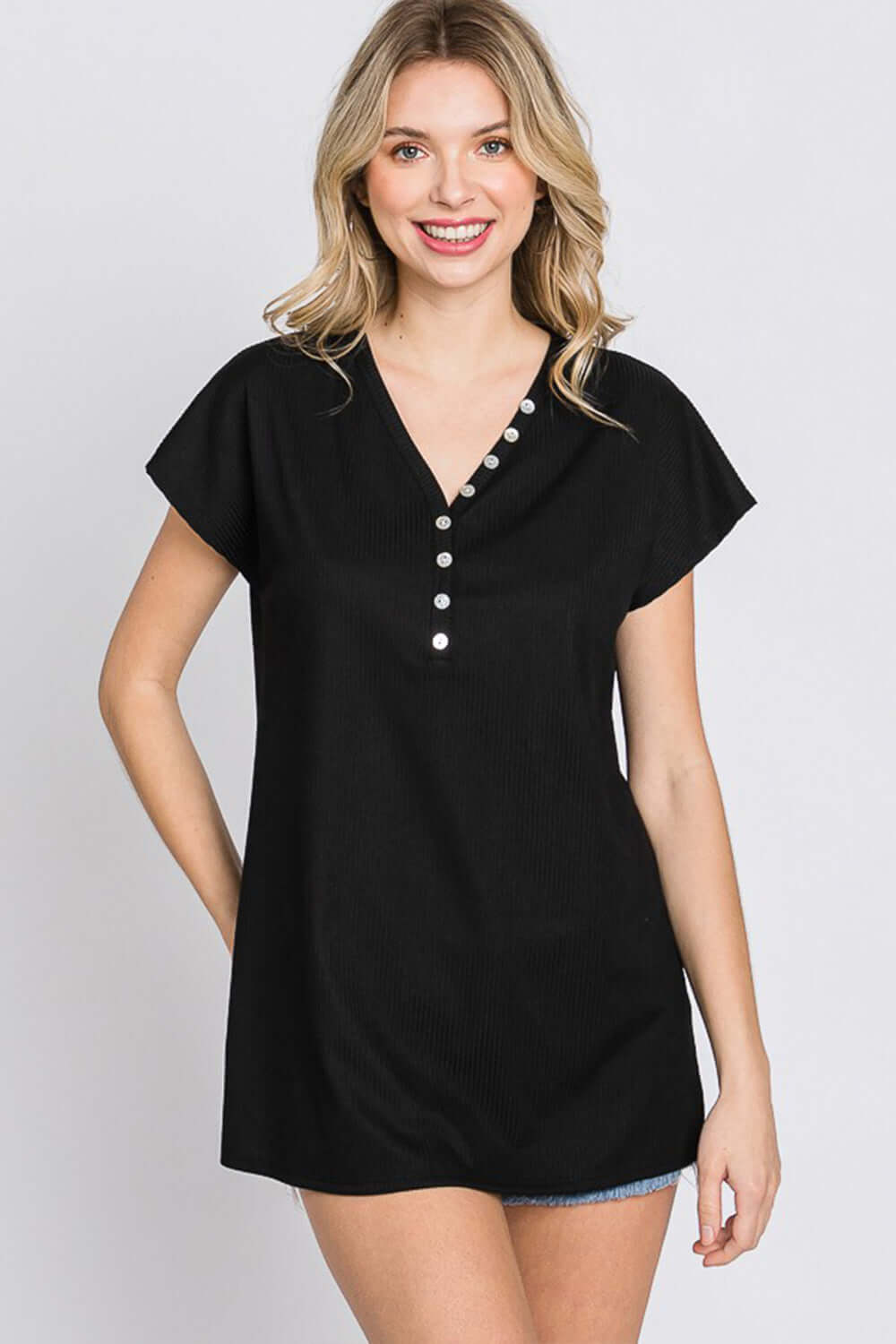 HEIMISH Full Size Front Button V-Neck Short Sleeve T-Shirt at Bella Road