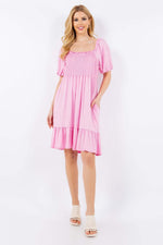 CELESTE Full Size Ruffle Hem Short Sleeve Smocked Dress at Bella Road