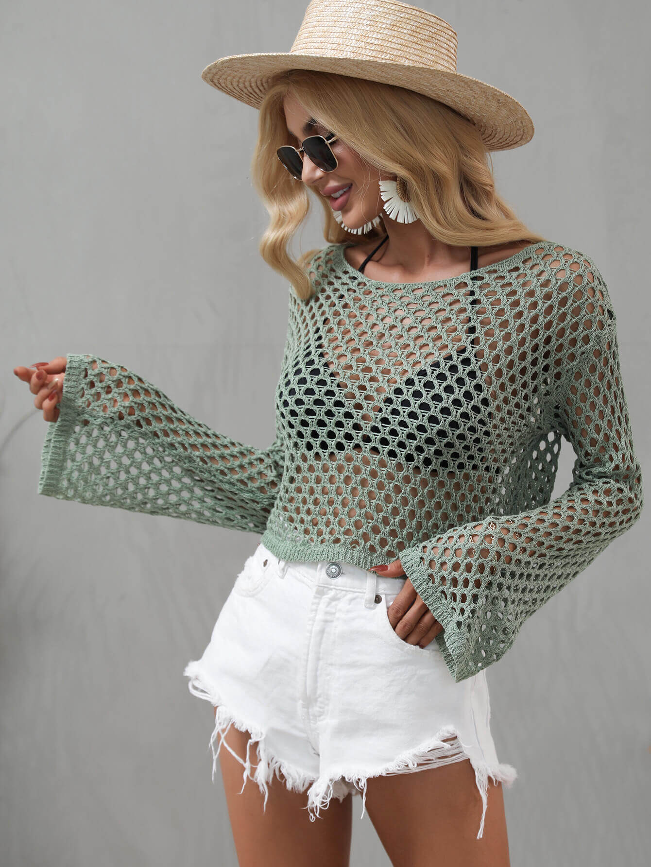 BELLA ROAD Openwork Flare Sleeve Cropped Cover Up at Bella Road