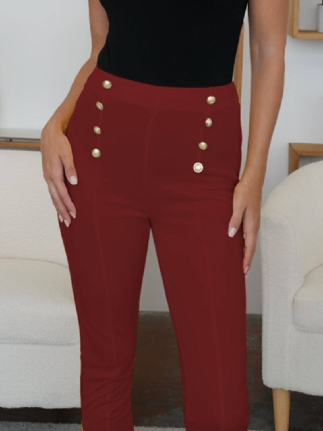 Sleek FAM-FAM High Waist Skinny Pants in red with decorative buttons, perfect for enhancing your style. Polyester-spandex blend, easy care.