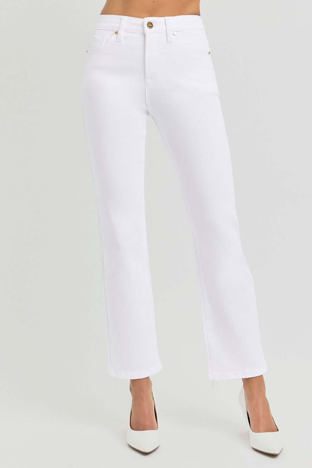 White high-rise crop straight jeans with tummy control elastic band for a flattering silhouette and modern style.