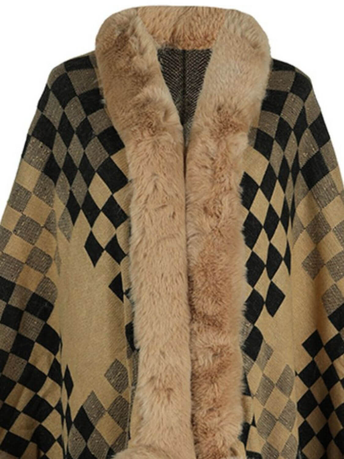 Cozy Bella Road Fuzzy Checkered Poncho in tan and black with soft faux fur collar, perfect for fall style.