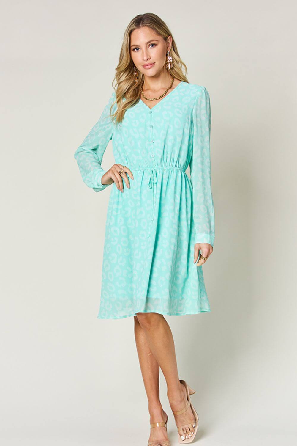 DOUBLE TAKE Full Size Printed Ruched V-Neck Long Sleeve Dress at Bella Road