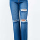 High Waist Distressed Wide Leg Jeans with button waist closure and distressed trims, front view.