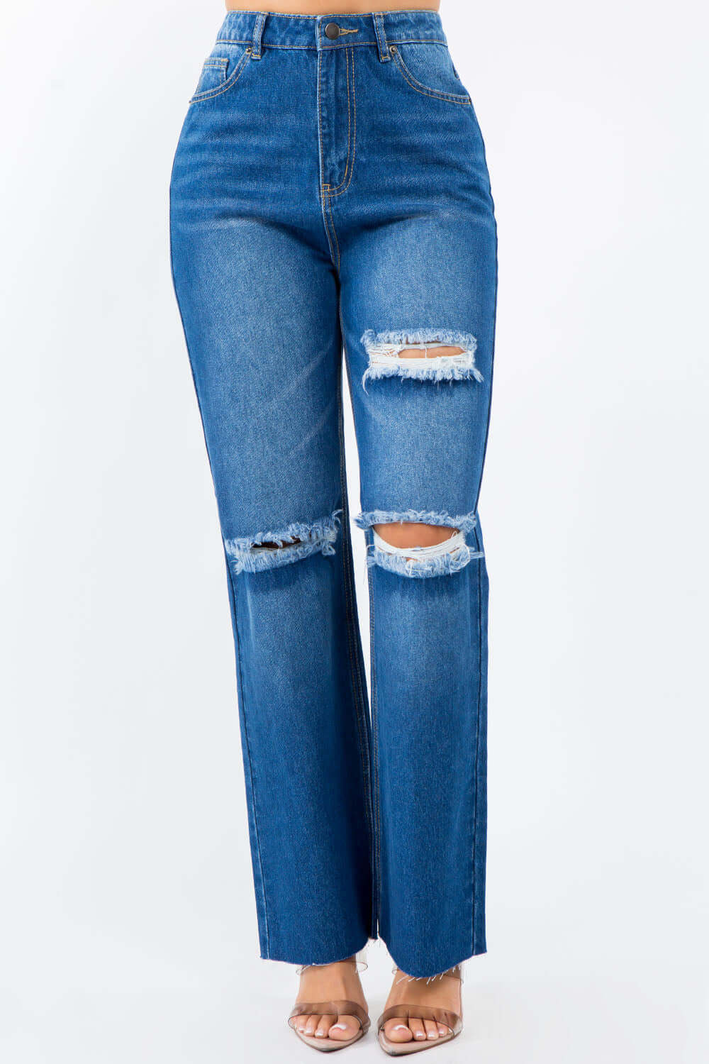 High Waist Distressed Wide Leg Jeans with button waist closure and distressed trims, front view.