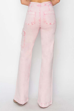 High-rise wide leg cargo pocket jeans in pink, showcasing flattering fit and trendy design from the back view.