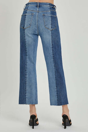 Mid-Rise Waist Two-Tones Risen Jeans for Women, Full Size, Back View Showing Stylish Pockets and Fashionable Two-Tone Design