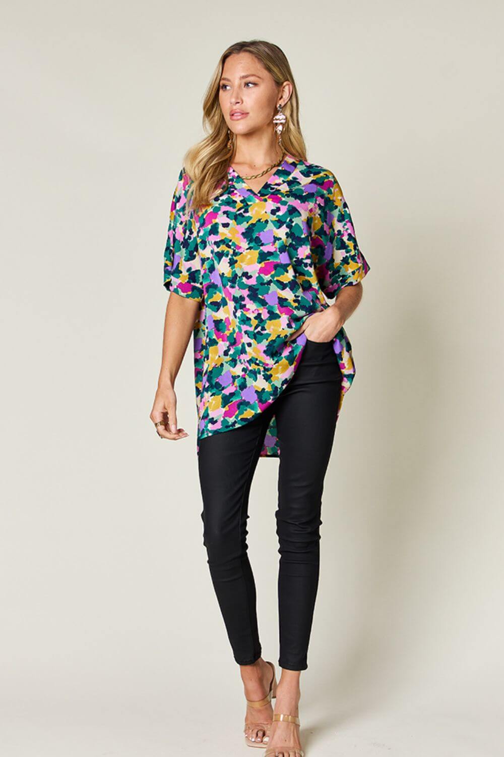 DOUBLE TAKE Full Size Printed V-Neck Short Sleeve Blouse at Bella Road