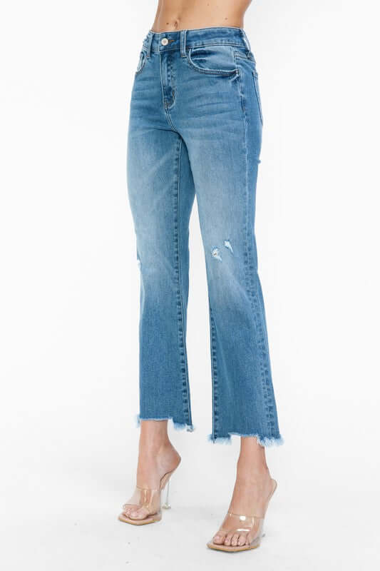 bytos Raw Hem Distressed Mid Rise Crop Jeans featuring a stylish cropped design and edgy distressed details. Perfect for any occasion!