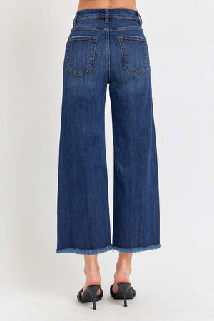 High Rise Raw Hem Cropped Wide Leg Risen Jeans back view showing stylish and trendy raw hem detail for a modern look.