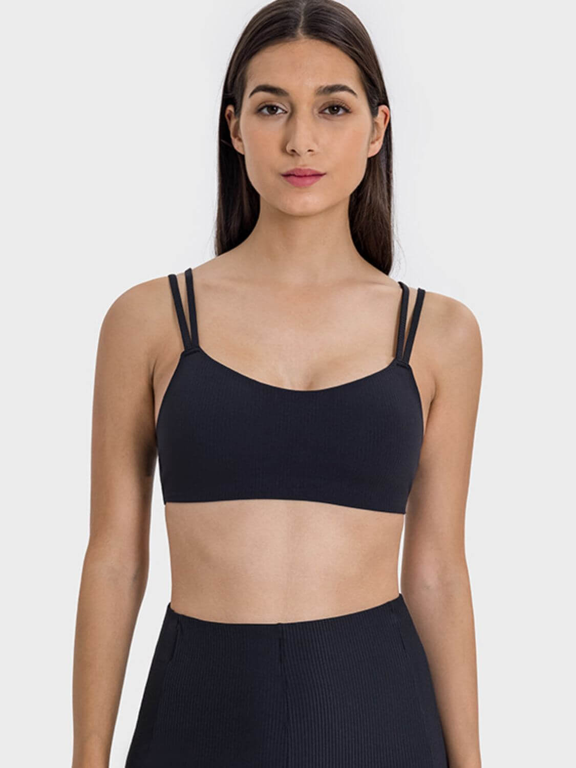 Millennia Scoop Neck Double Strap Active Cami in black, featuring a scoop neck and double straps for active wear.