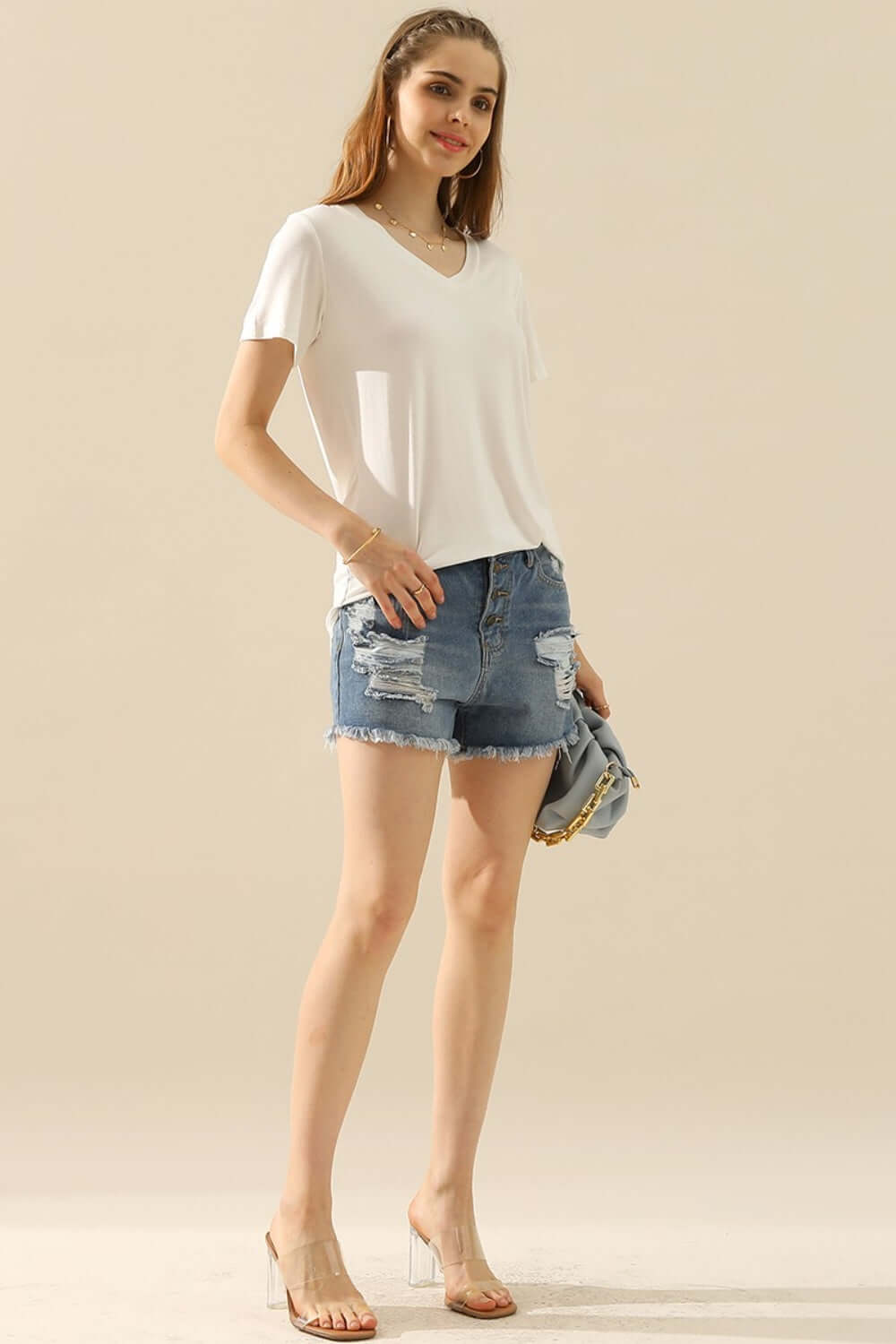 NINEXIS Full Size V-Neck Short Sleeve T-Shirt at Bella Road