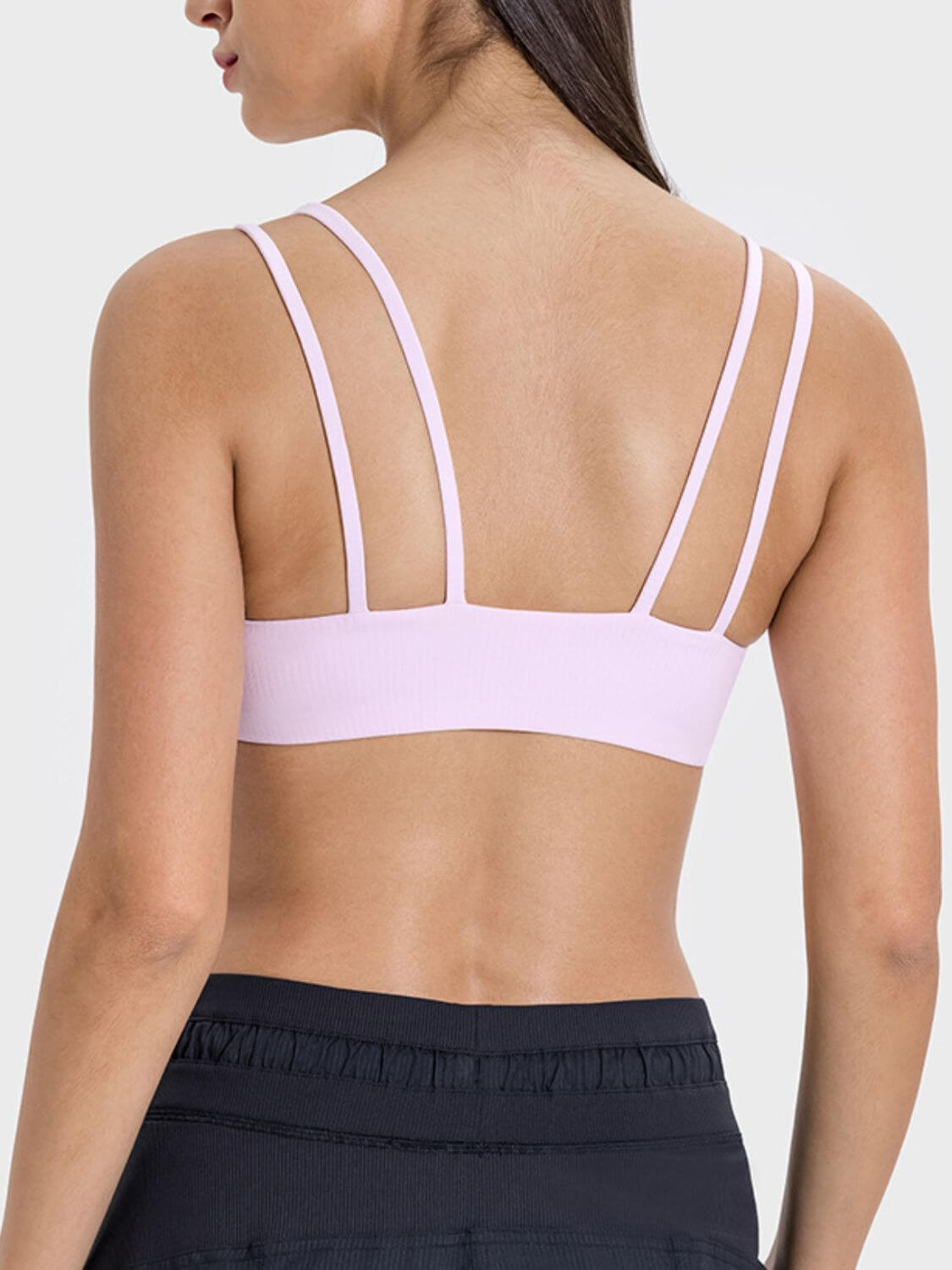 Back view of Millennia Scoop Neck Double Strap Active Cami in pink, showcasing its stylish double strap design.