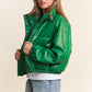 Green faux leather crop puff jacket with turtleneck, zipper and snap closures, perfect for fall and winter style and warmth.