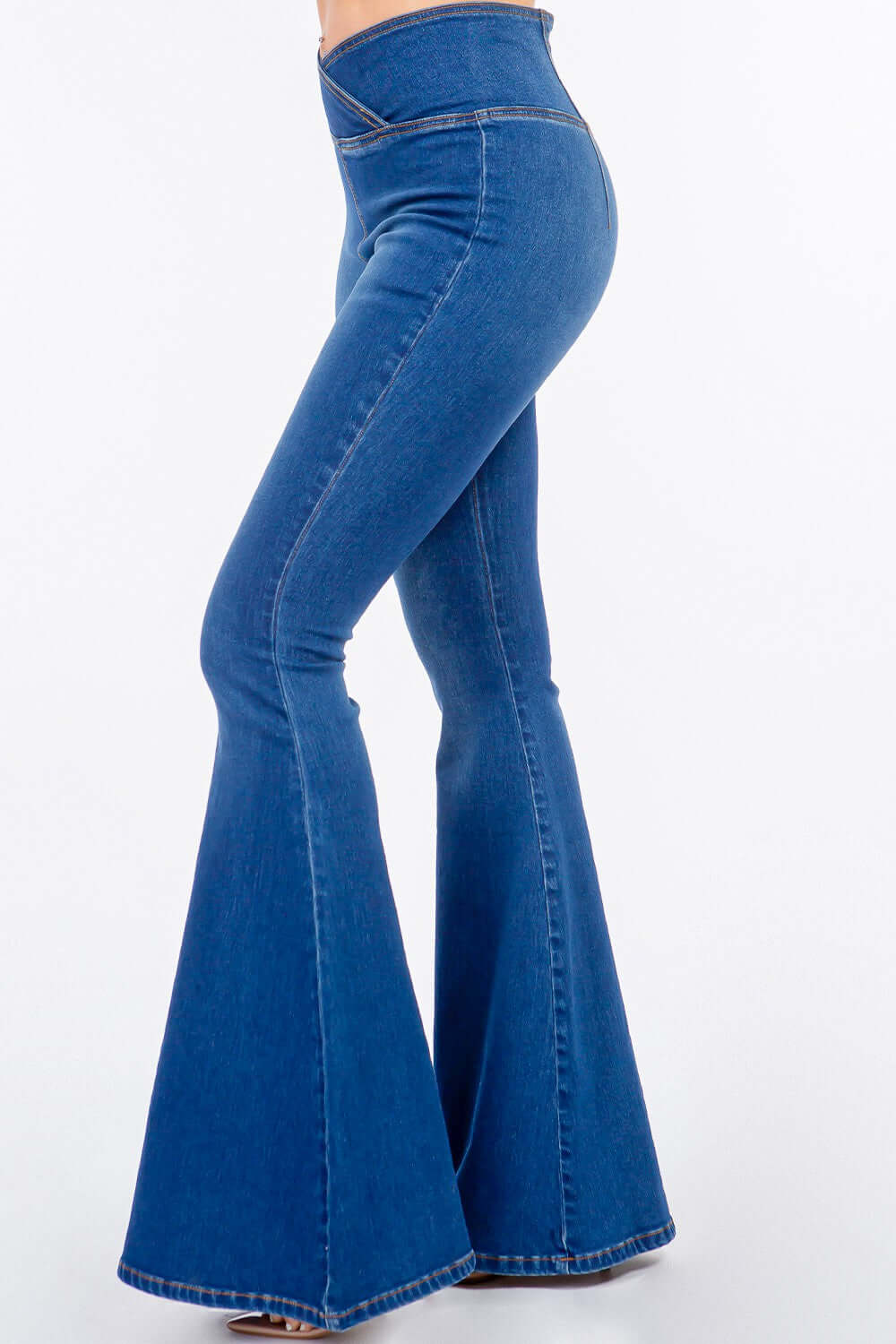 High waist pull-on flare jeans in blue denim, showcasing a slim skinny fit with stretchy, comfortable material for a modern style.