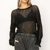 Openwork Ribbed Long Sleeve Knit Top - Black