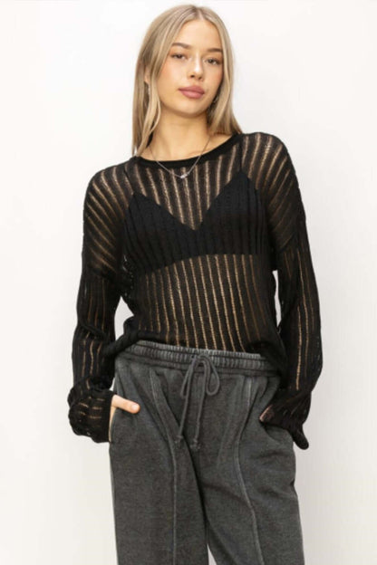 HYFVE Openwork Ribbed Long Sleeve Knit Top at Bella Road