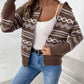 Woman wearing Perfee Geometric Zip Up Collared Neck Long Sleeve Cardigan in brown with white patterns, paired with jeans and a white top.