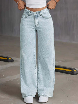 Light wash wide leg denim jeans with pockets and bow back design, perfect for chic casual outfits.