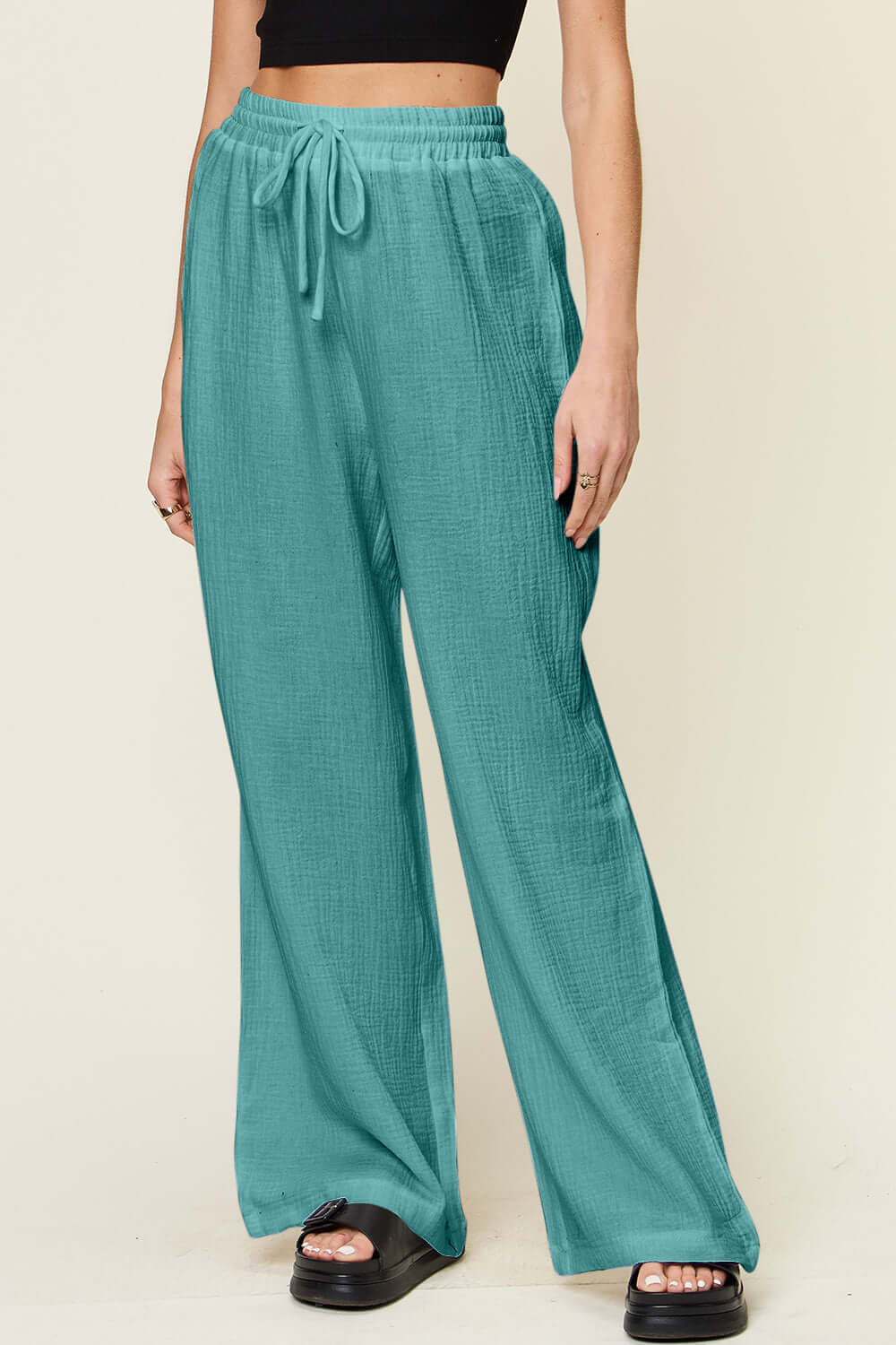 DOUBLE TAKE Full Size Texture Drawstring Wide Leg Pants at Bella Road