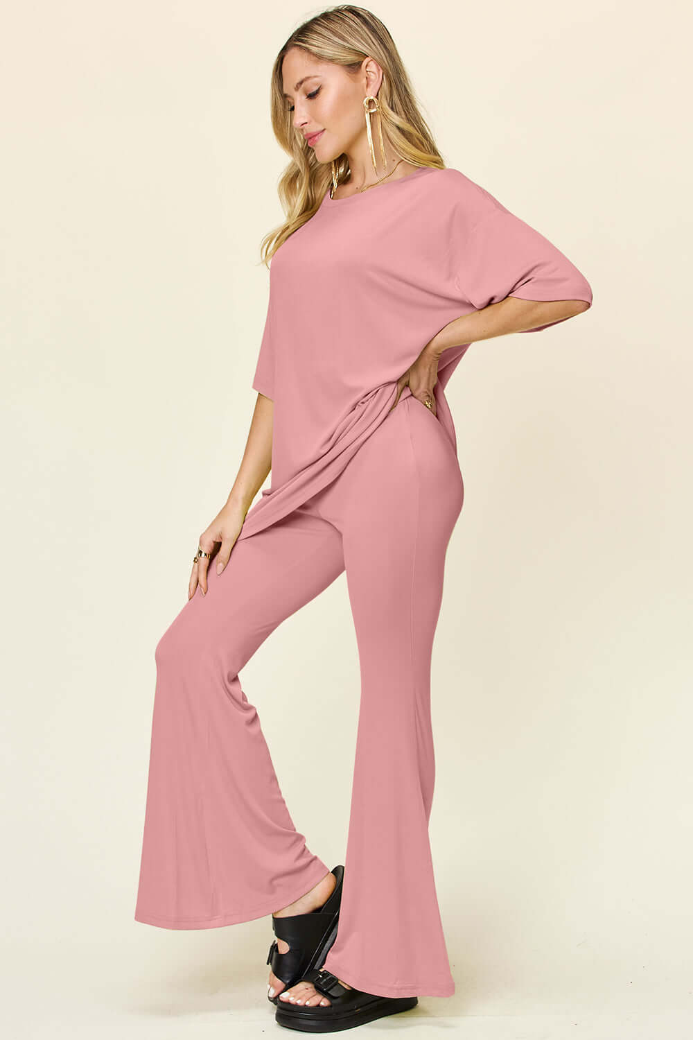 DOUBLE TAKE Full Size Round Neck Drop Shoulder T-Shirt and Flare Pants Set at Bella Road