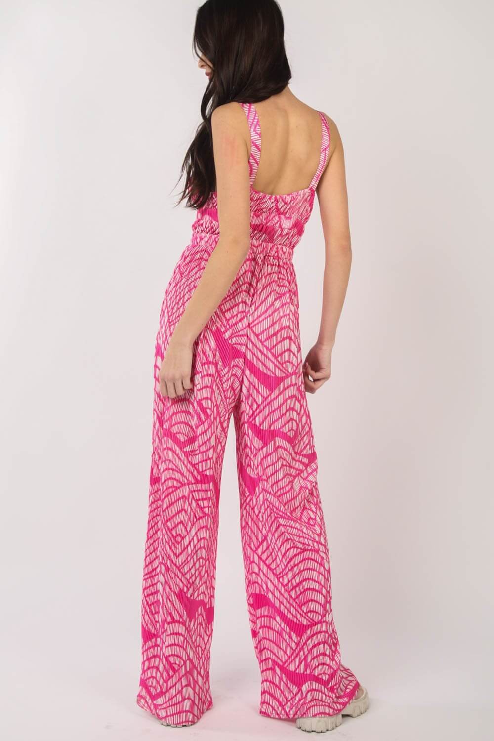 VERY J Printed Pleated Sleeveless Wide Leg Jumpsuit at Bella Road