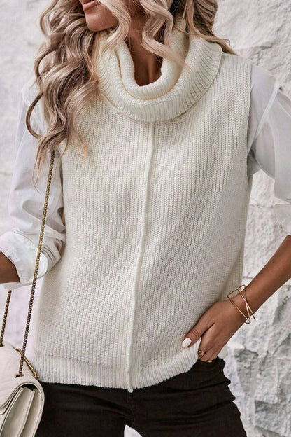 Cozy Bella Road sleeveless turtleneck sweater vest in white, perfect for layering and stylish outfits.